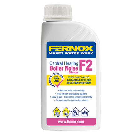 Fernox Boiler Noise Silencer F2 500 ml liquid for quieter heating in a bottle with white cap and pink‑yellow label.