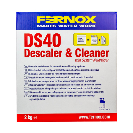 Fernox DS40 Descaler & Cleaner 2 kg powder with system neutraliser for domestic heating systems, white box with yellow‑blue top and bold red lettering.