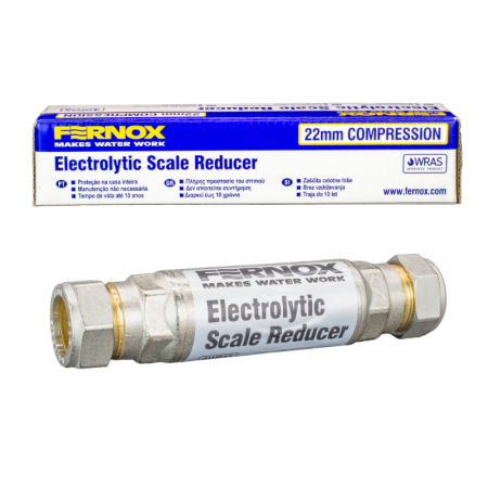 Fernox Electrolytic Scale Reducer 22 mm compression unit in blue and white packaging labeled “Electrolytic Scale Reducer.”
