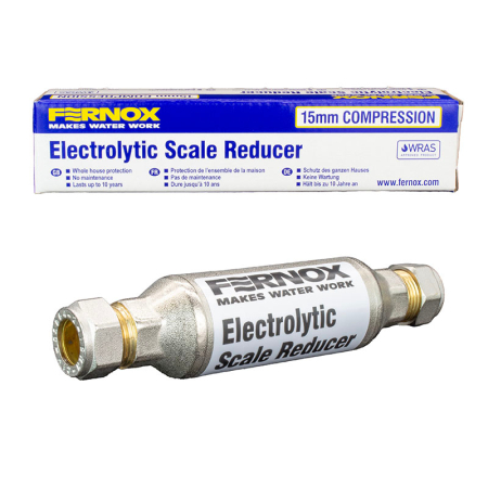 Fernox Electrolytic Scale Reducer 15 mm compression unit in blue and white packaging labeled “Electrolytic Scale Reducer.”