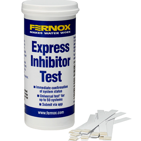 Fernox Express Inhibitor Test kit with 50 strips in a white tub with blue label and loose strips for checking inhibitor levels in heating systems.