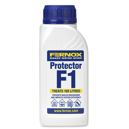 Fernox Protector F1 265 ml liquid inhibitor in a white plastic bottle with blue screw cap and F1 label for central heating system protection.