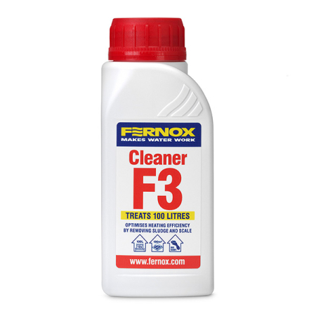 Fernox Cleaner F3 liquid 265 ml central heating system cleaner in a white bottle with red cap and red‑blue label.