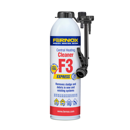 Fernox Cleaner F3 Express aerosol 400 ml central heating cleaner in a white can with black hose and red‑blue label.