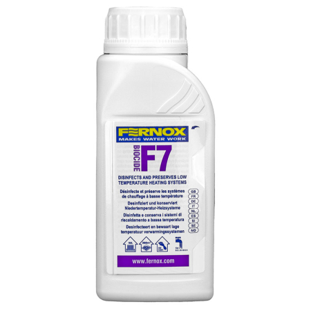 Fernox Biocide F7 liquid 200 ml biocide for central heating systems in a white bottle with white cap and purple‑yellow label.