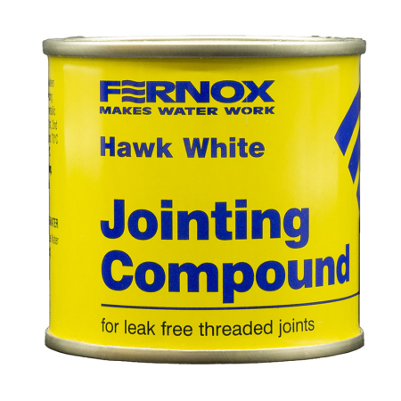 Fernox Hawk White jointing compound 200g, designed for sealing threaded joints in plumbing and heating systems to prevent water and gas leaks.