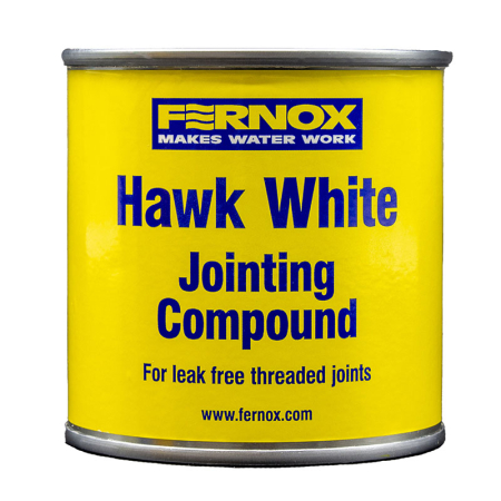 Fernox Hawk White jointing compound 400g, designed for sealing threaded joints in plumbing and heating systems to prevent water and gas leaks.