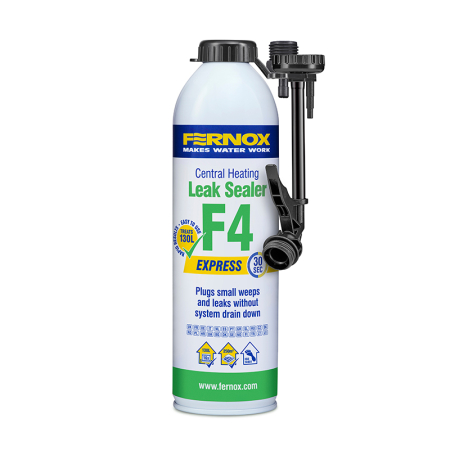 Fernox Leak Sealer F4 Express aerosol 400 ml for central heating leaks, white can with black hose and green label.