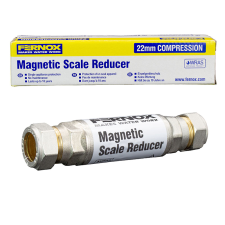 Fernox Electrolytic Scale Reducer 22 mm compression kit with blue box, metallic inline reducer to prevent limescale build‑up.