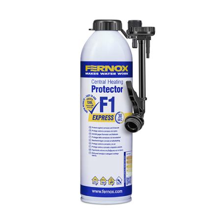 Fernox Protector F1 Express aerosol 400 ml inhibitor for central heating systems, metallic can with blue‑yellow label and black hose attachment.