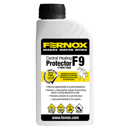 Fernox Protector+ Filter Fluid F9 500 ml inhibitor for central heating, grey bottle with black cap and yellow‑black label