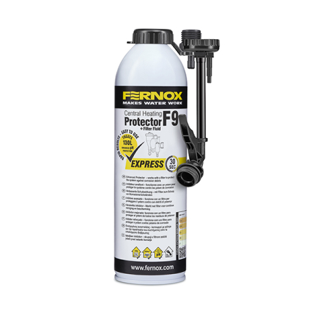 Fernox Protector+ Filter Fluid F9 Express aerosol 400 ml central heating system inhibitor in a metallic can with black‑yellow label and hose attachment.