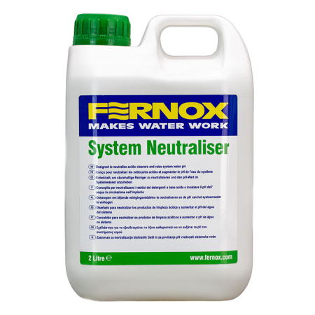 Fernox System Neutraliser liquid 2 L cleaner for central heating systems, white container with green cap and handle and a green‑accented label.