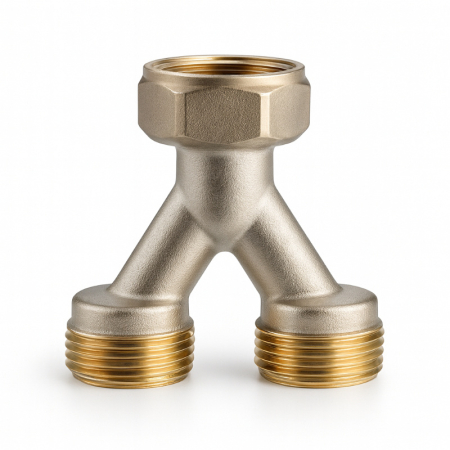 Kudos Trading flow splitter fitting with 1/2" outlets, designed for efficient water distribution in plumbing and heating systems.