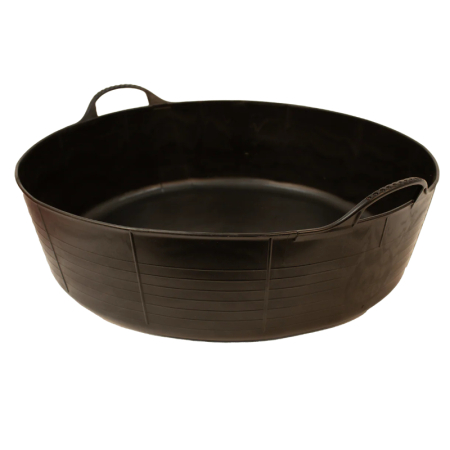 Gorilla Tub shallow large 35L black flexible tub, designed for versatile use in mixing, carrying, and storage for building, gardening, and DIY tasks.