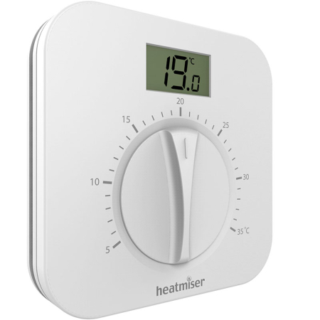 Heatmiser DS1-L surface mount dial thermostat with digital display, reliable wall-mounted controller for water underfloor heating systems.