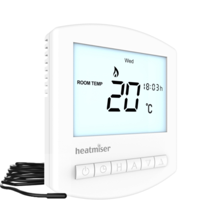 Heatmiser slimline E programmable digital thermostat, sleek wall-mounted controller for precise underfloor heating temperature management.