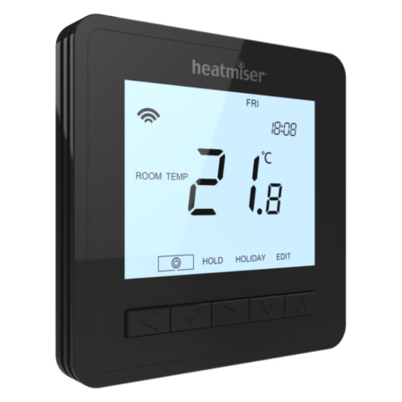 Heatmiser Neo Air wireless thermostat in black, modern wall-mounted controller for flexible and precise water underfloor heating control.