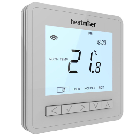 Heatmiser Neo Air wireless thermostat in silver, sleek wall-mounted controller for flexible and accurate water underfloor heating management.