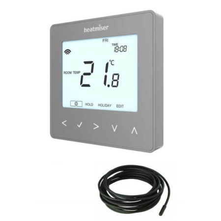 Heatmiser Neo E Silver thermostat with floor sensor, sleek wall-mounted digital controller for electric underfloor heating systems.