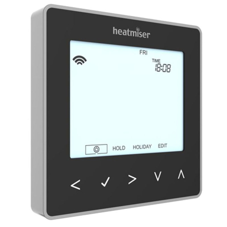 Heatmiser Neo Hot Water Controller in black finish, designed for efficient underfloor heating and hot water system control.