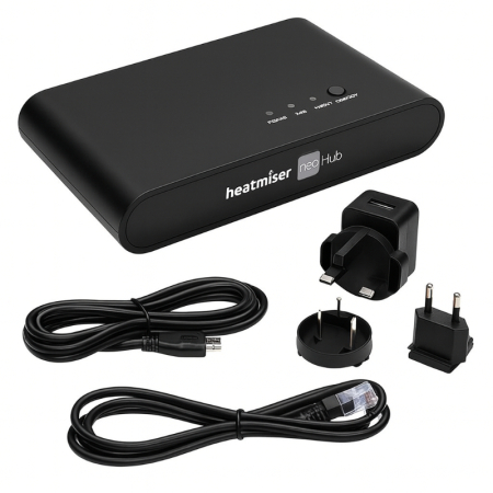 Heatmiser NeoHub Gen 2 smart gateway hub, central control unit for managing multiple Neo thermostats via WiFi and app connectivity.
