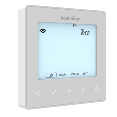 Heatmiser Neo Hot Water Controller in white finish, designed for efficient underfloor heating and hot water system control.