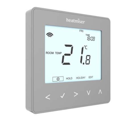 Heatmiser NeoStat Silver 12v thermostat, compact digital heating controller for water underfloor heating systems with sleek wall design