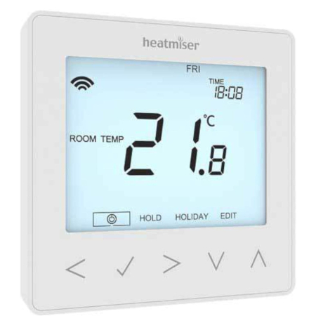 Heatmiser NeoStat 12V thermostat, compact digital heating controller for water underfloor heating systems with sleek wall design.
