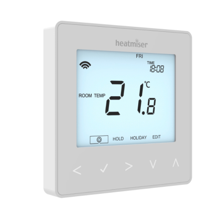 Heatmiser Neo WiFi thermostat white, smart wall-mounted controller for water underfloor heating systems with wireless connectivity.