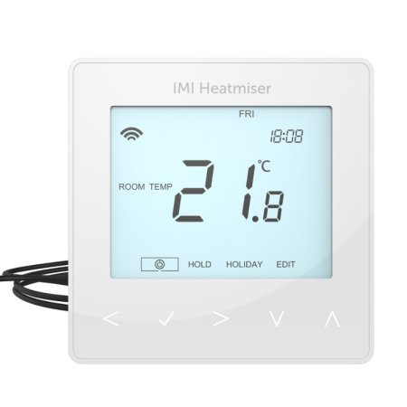 Heatmiser Neostat-e v3 white smart thermostat for electric underfloor heating control with sleek square touchscreen.