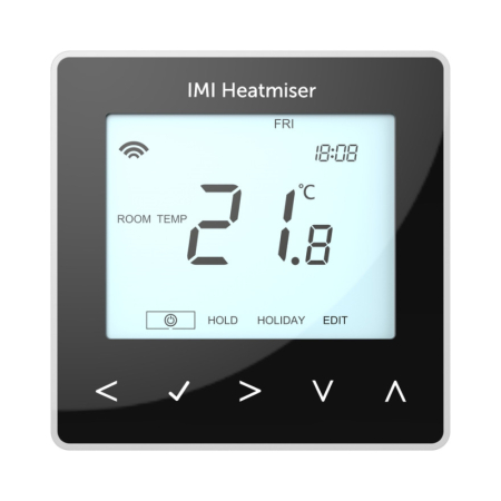 Heatmiser NeoStat v3 black smart thermostat with digital display showing room temperature and touch controls for home heating management