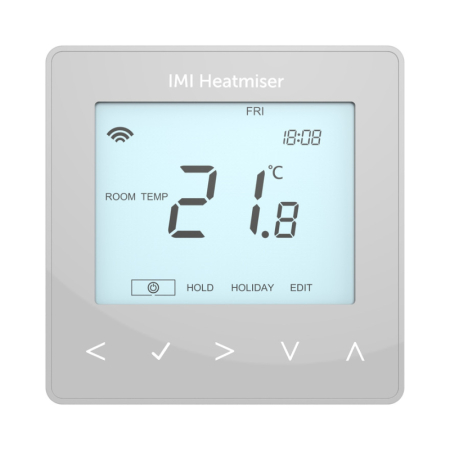 Heatmiser NeoStat v3 black smart thermostat with digital display showing room temperature and touch controls for home heating management