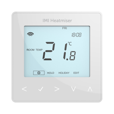 Heatmiser NeoStat v3 white smart thermostat with digital display showing room temperature and touch controls for home heating management