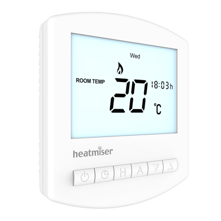 Heatmiser Slimline B thermostat, sleek wall-mounted digital controller for precise temperature regulation in water underfloor heating systems.