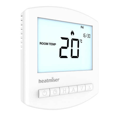 Heatmiser Slimline thermostat, sleek wall-mounted digital controller for precise temperature regulation in water underfloor heating systems.