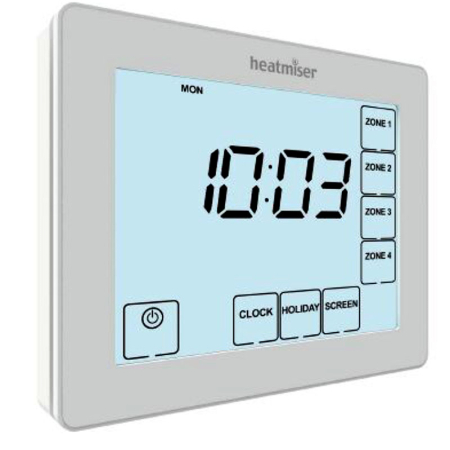 Heatmiser TM1 V2 touchscreen thermostat with TS sensor for water underfloor heating, offering accurate temperature control and easy setup.