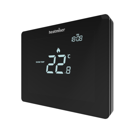 Heatmiser Touch Carbon digital thermostat in sleek black finish for precise water underfloor heating temperature control.