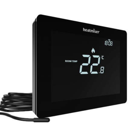 Heatmiser Touch-E carbon digital thermostat with touchscreen display, wall-mounted controller for electric underfloor heating systems.