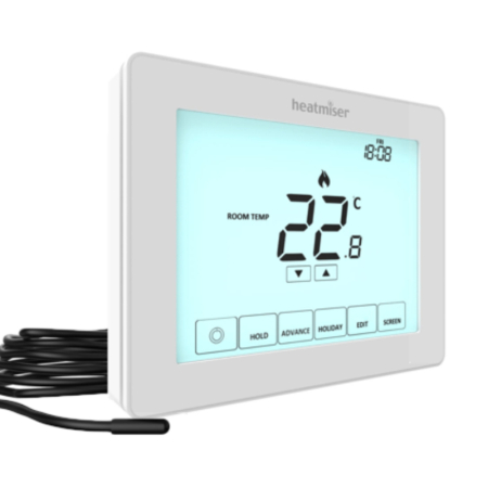 Heatmiser Touch-E white digital thermostat with touchscreen display, wall-mounted controller for electric underfloor heating systems.