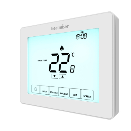 Heatmiser Touch thermostat, modern touchscreen heating controller for precise temperature control in water underfloor heating systems.