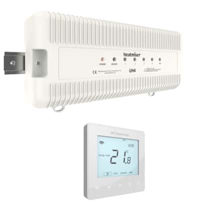 Heatmiser UH4 230V 4-zone wiring centre with 1 x Neostat, central control unit for managing multiple water underfloor heating zones and actuators.