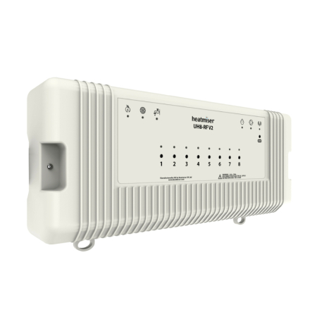 Heatmiser UH8 RF 230V 8-zone wireless wiring centre for underfloor heating, providing reliable RF connectivity and multi-zone temperature control.