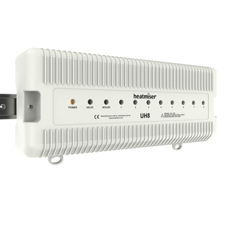 Heatmiser UH8 230V 8-zone wiring centre for water underfloor heating systems, enabling efficient multi-zone temperature control and wiring management.