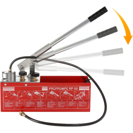 Kudos Trading hydraulic manual pressure test pump with gauge, designed for testing water pressure in underfloor heating and plumbing systems.