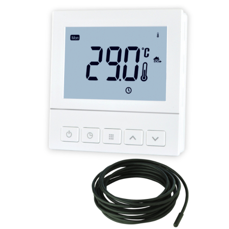 Kudos Trading electric underfloor heating programmable thermostat 16A for electric underfloor heating, providing precise temperature scheduling and energy-efficient control.