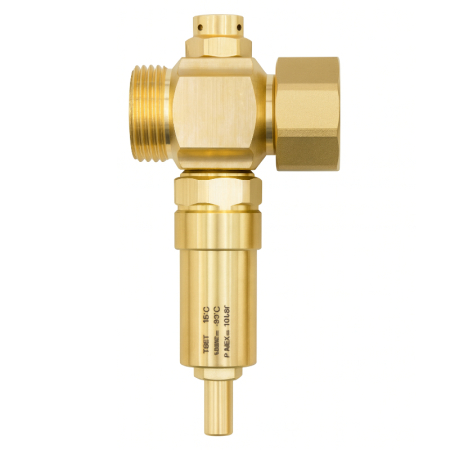 Kudos Trading 1 1/4" male to female swivel antifreeze valve, designed for easy system draining and maintenance in heating and cooling installations.