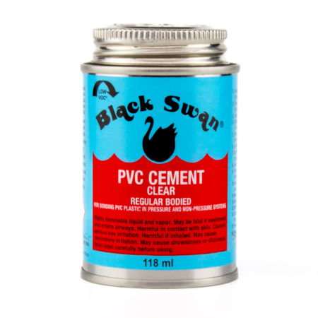 Black Swan 118ml PVC cement, designed for strong, watertight bonding of PVC pipes and fittings in plumbing and construction applications.