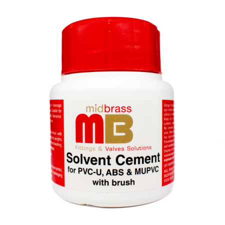 Midbrass 125ml solvent cement, designed for secure, watertight bonding of PVC and ABS pipes and fittings in plumbing installations.