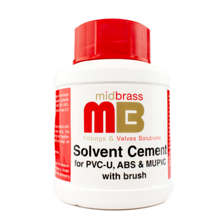 Midbrass 250ml solvent cement, designed for secure, watertight bonding of PVC and ABS pipes and fittings in plumbing installations.